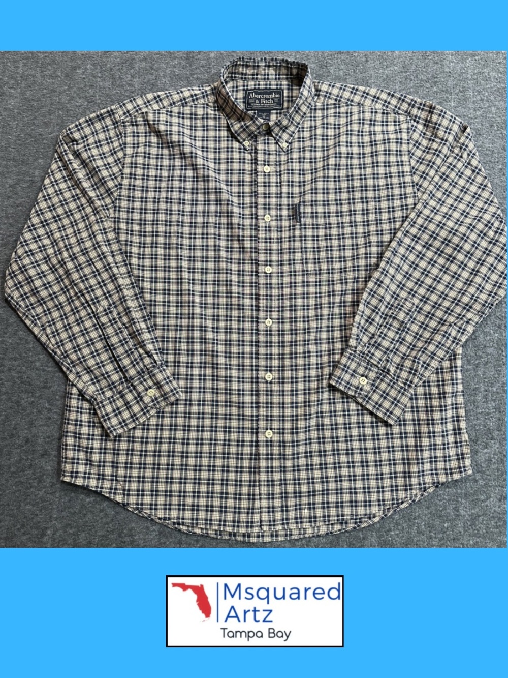 Abercrombie & Fitch Plaid Button Front Shirt Mens XL Blue Tan Cotton Y2K XL